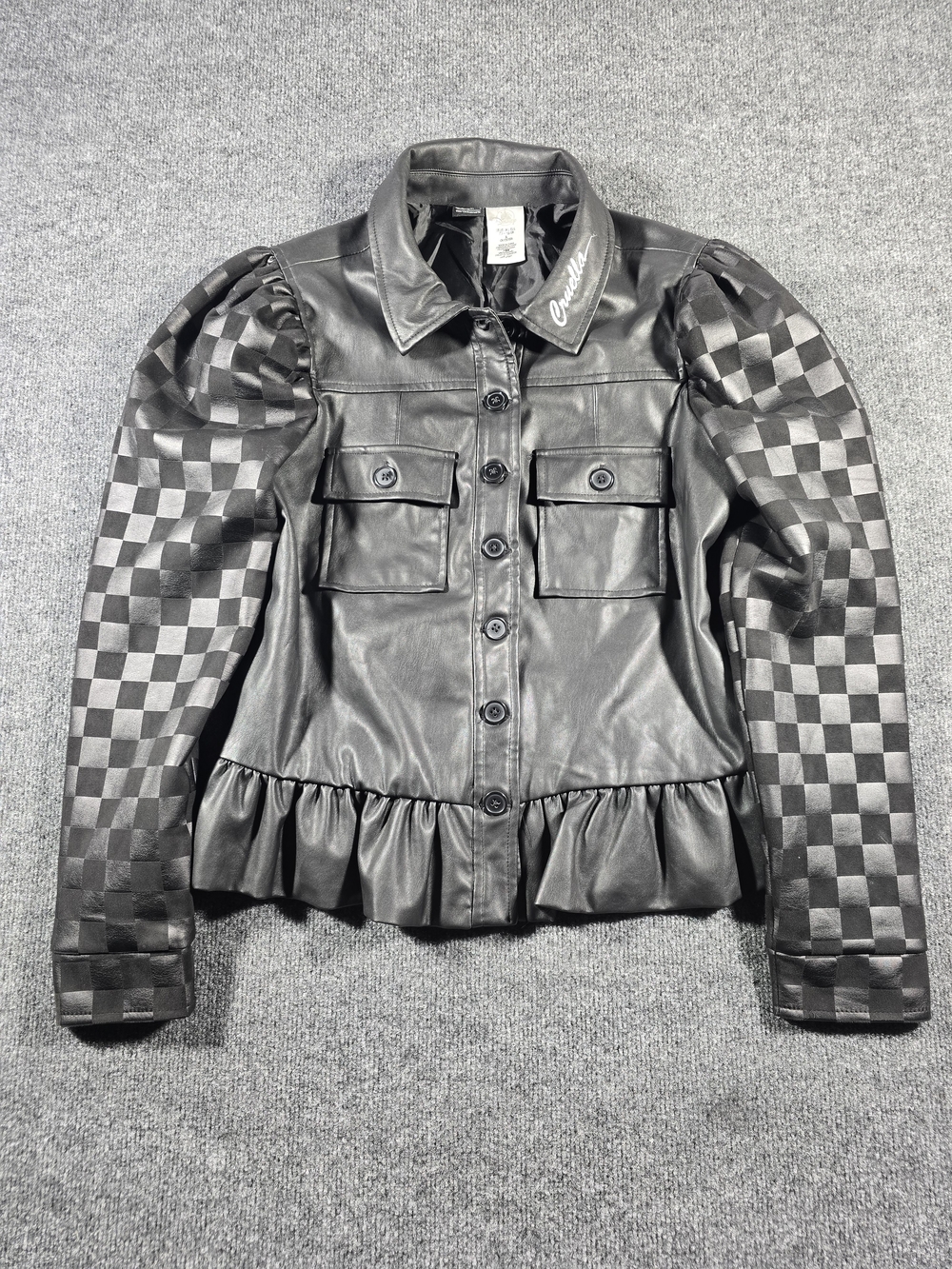 Her Universe Black Faux Leather Jacket with Checkerboard Puff Sleeves